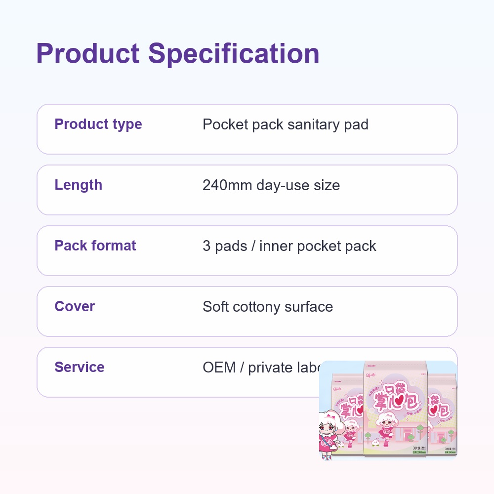 240mm Pocket Pack Sanitary Pad for Private Label Teen Care Brands
