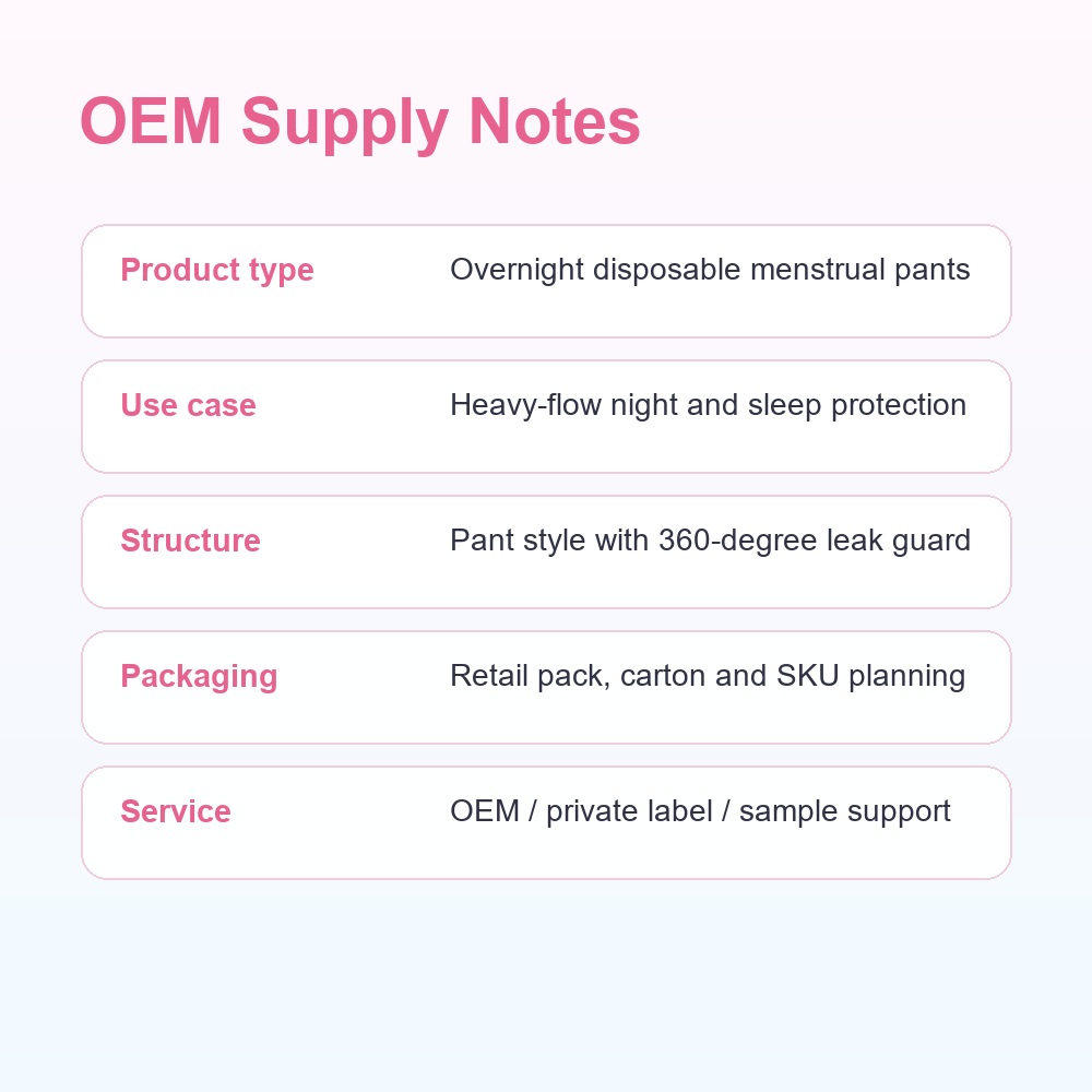 Overnight disposable menstrual pants OEM specification sheet for lead time planning