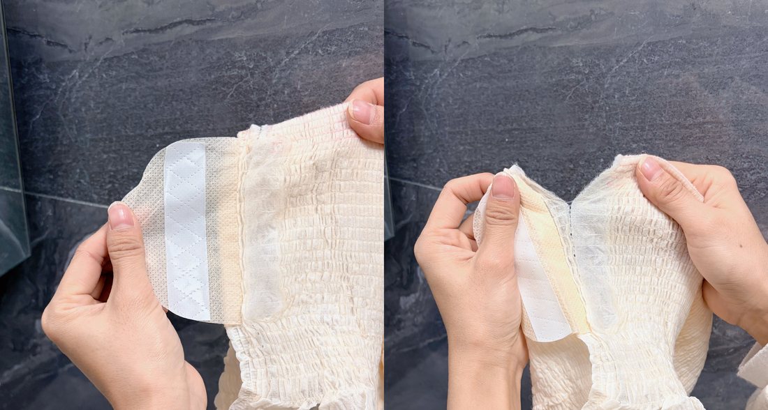 Disposable menstrual pants waist tabs prepared for OEM sample review